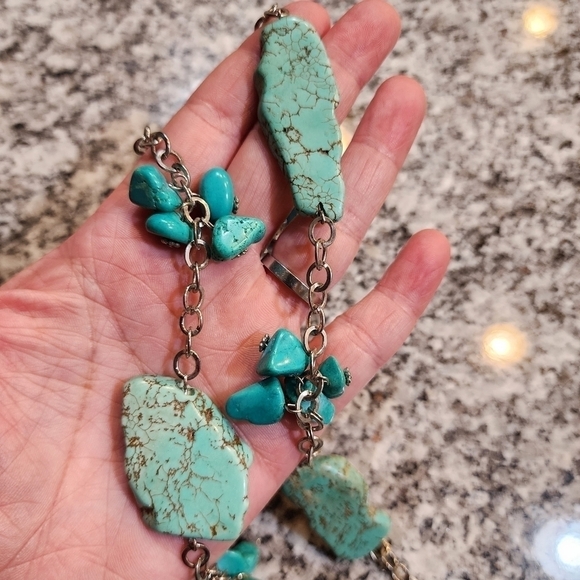 Large Slab Turquoise Necklace Silver Tone Chain w Extender Natural Stone EUC - Picture 14 of 16